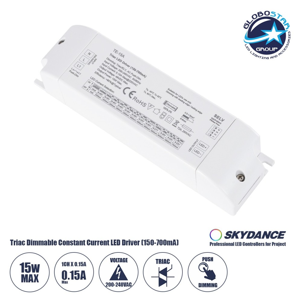 GloboStar® 73133 TE-15A SKYDANCE AC Triac Dimmable Constant Current LED Driver Push Dimming 1 Κανάλι AC 200-240V 1 x 0.15A 15W - Max 0.15A 15W - IP20  Μ15.1 x Π4.1 x Υ3cm - 5 Χρόνια Εγγύηση
