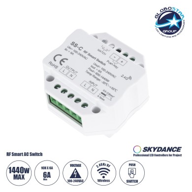 GloboStar® 73126 SS-C SKYDANCE AC RF 2.4Ghz & Push Switch 1 Κανάλι AC 100-240V 1 x 6A 1440W - Max 6A 1440W - IP20  Μ5.2 x Π5.2 x Υ2.6cm - 5 Χρόνια Εγγύηση