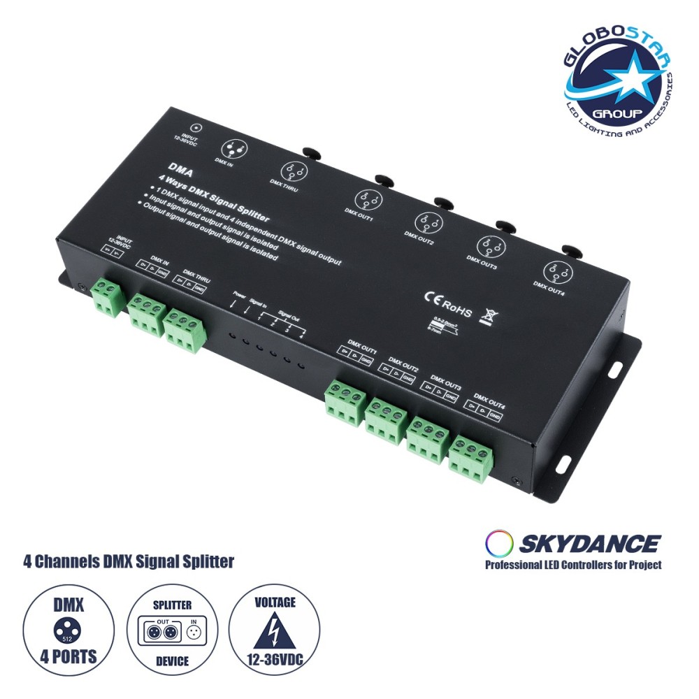 GloboStar® 73136 DMA SKYDANCE DC DMX512 Signal Splitter - Amplifier 4 Καναλιών DC 12-36V - IP20 Μ25.6 x Π9.2 x Υ3.8cm - 5 Χρόνια Εγγύηση