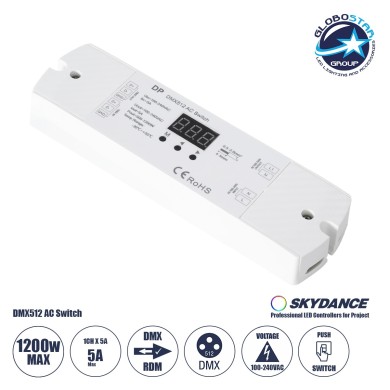 GloboStar® 73156 DP SKYDANCE AC DMX512 Push Switch 1 Κανάλι AC 100-240V 1 x 5A 1200W - Max 5A 1200W - IP20  Μ17 x Π5 x Υ2.5cm - 5 Χρόνια Εγγύηση