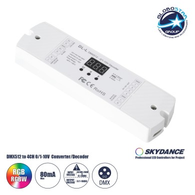 GloboStar® 73140 DL-L SKYDANCE AC DMX512 to 0-1-10V Converter - Decoder 4 Καναλιών - 2 Inputs DC 12-24V ή AC 100-240V - IP20  Μ17 x Π5 x Υ2.5cm - 5 Χρόνια Εγγύηση
