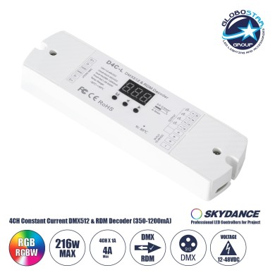 GloboStar® 73146 D4C-L SKYDANCE DC DMX512 Constant Current & RDM Decoder 4 Καναλιών DC 12-48V 4 x 1A 54W - Max 4A 216W - IP20  Μ17 x Π5 x Υ2.5cm - 5 Χρόνια Εγγύηση