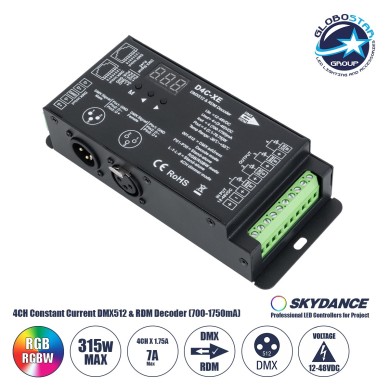 GLOBOSTAR® SKYDANCE-D4C-XE 73147 DC CC DMX Master Dimmer - Controller - Decoder Υψηλής Ταχύτητας με 4 x 700-1750mA 2.1-78.75W Κανάλια DC 12-48V σε DC 3-45V 7000mA 315W Max IP20 - DMX512 & RDM - Μ16.5 x Π7 x Υ3.7cm - 5 Χρόνια Εγγύηση