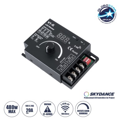 GLOBOSTAR® SKYDANCE-V1-K 73117 Dimmer με 1 x 20A 480W Κανάλι DC 12-48V 20A 480W Max IP20 - PWM - RF2.4Ghz - Μ10.7 x Π7.5 x Υ3.8cm - 5 Χρόνια Εγγύηση