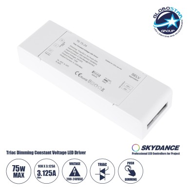 GLOBOSTAR® SKYDANCE-TE-75-24 73130 DC Triac & Push Dimmer CV Τροφοδοτικό-Μετασχηματιστής SELV με 1 x 3.125A 75W Κανάλι AC 220-240V σε DC 24V 3.125A 75W Max IP20 - Triac & Push Dimming - Μ18 x Π5.7 x Υ3cm - 5 Χρόνια Εγγύηση