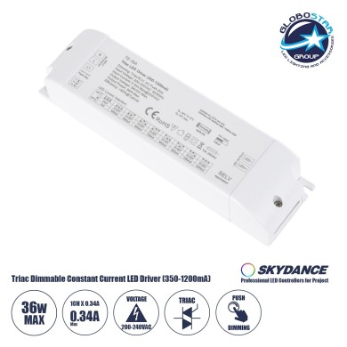 GLOBOSTAR® SKYDANCE-TE-36A 73135 DC Triac & Push Dimmer CC Τροφοδοτικό-Μετασχηματιστής SELV με 1 x 320-1200mA 36W Κανάλι AC 220-240V σε DC 10-52V 1200mA 36W Max IP20 - Triac & Push Dimming - Μ17.5 x Π4.4 x Υ3cm - 5 Χρόνια Εγγύηση