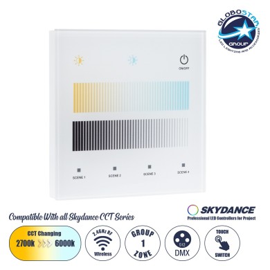 GloboStar® 73151 T12-S SKYDANCE Ασύρματο DMX512 Επιτοίχιο Χειριστήριο RF 2.4Ghz 1 Group για όλα τα SKYDANCE DMX512 Controller AC 100-240V Max 0.1A - IP20 Μ8.5 x Μ8.5 x Π8.5 x Υ3.5cm - 5 Χρόνια Εγγύηση