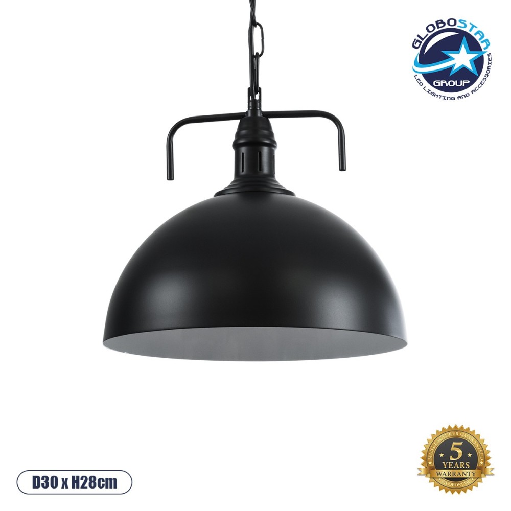 GLOBOSTAR® LARKIN 01175 Vintage Κρεμαστό Φωτιστικό Οροφής με Ντουί 1 x E27 AC 220-240V IP20 - Μαύρο - Μ30 x Π30 x Y28cm