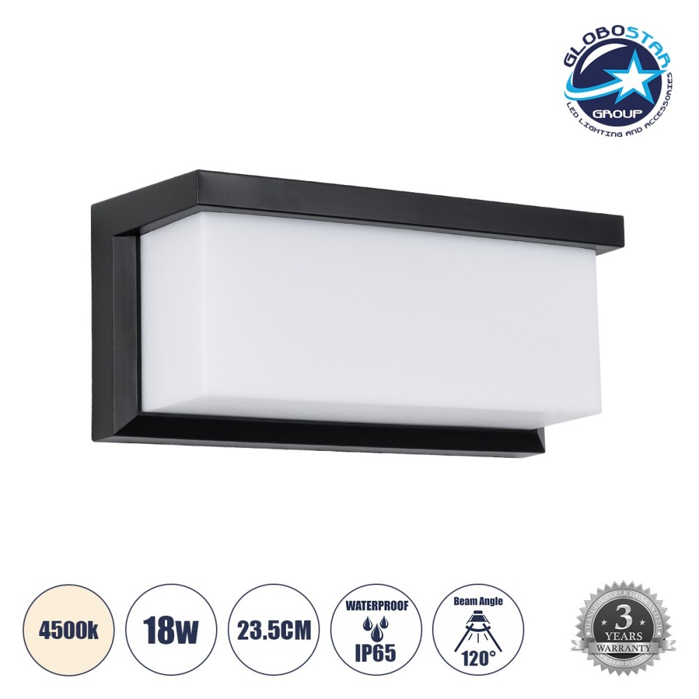 GLOBOSTAR® CITYSCAPE 60699 Μοντέρνο Φωτιστικό Τοίχου - Απλίκα LED 18W 1890lm 120° AC 220-240V Αδιάβροχο IP65 Φυσικό Λευκό 4500K - Bridgelux SMD Chip - Μαύρο Ματ - Μ23.5 x Π11 x Υ10cm - 3 Χρόνια Εγγύηση