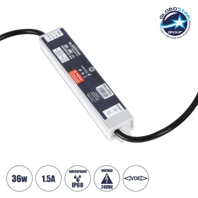 GLOBOSTAR® LUMISPLASH 60961 Τροφοδοτικό-Μετασχηματιστής Class II SELV 36W 1.5A DC 24V Αδιάβροχο IP68 - AC 220-240V σε DC 24V - Μ17 x Π3 x Υ2cm - 3 Χρόνια Εγγύηση