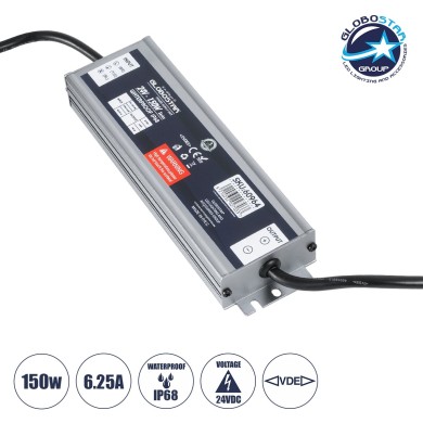 GLOBOSTAR® LUMISPLASH 60964 Τροφοδοτικό-Μετασχηματιστής Class II SELV 150W 6.25A DC 24V Αδιάβροχο IP68 - AC 220-240V σε DC 24V - Μ20 x Π5.5 x Υ2.5cm - 3 Χρόνια Εγγύηση