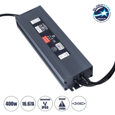 GLOBOSTAR® LUMISPLASH 60967 Τροφοδοτικό-Μετασχηματιστής Class II SELV 400W 16.67A DC 24V Αδιάβροχο IP68 - AC 220-240V σε DC 24V - M25.5 x W7.5 x H4cm - 3 Χρόνια Εγγύηση