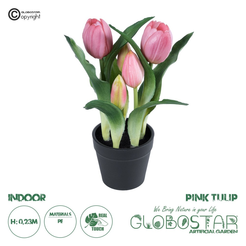GloboStar® Artificial Garden PINK TULIP 21092 Διακοσμητικό Φυτό Ροζ Τουλίπα Υ23cm