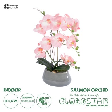 GloboStar® Artificial Garden SALMON PINK ORCHID 21122 Διακοσμητικό Φυτό Ροζ-Πορτοκαλί Ορχιδέα Υ43cm