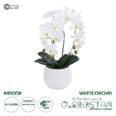 GloboStar® Artificial Garden WHITE ORCHID 21117 Διακοσμητικό Φυτό Λευκή Ορχιδέα Υ45cm