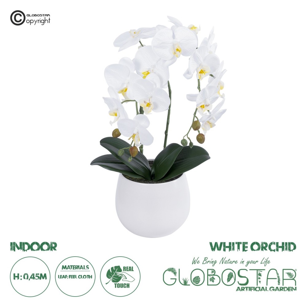 GloboStar® Artificial Garden WHITE ORCHID 21117 Διακοσμητικό Φυτό Λευκή Ορχιδέα Υ45cm