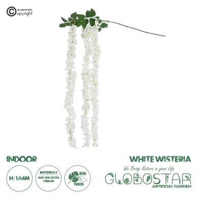 GloboStar® Artificial Garden WHITE WISTERIA FLOWER BRANCH 21516 Τεχνητό Διακοσμητικό κλαδί Βιστέρια Λευκό Φ45 x Υ164cm