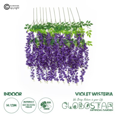 GloboStar® Artificial Garden VIOLET WISTERIA FLOWER BRANCH 21509 Σετ 12 Τεχνητά Διακοσμητικά κλαδιά Βιστέριας Βιολετί Φ45 x Υ120cm