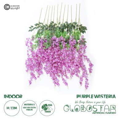 GloboStar® Artificial Garden PURPLE WISTERIA FLOWER BRANCH 21510 Σετ 12 Τεχνητά Διακοσμητικά κλαδιά Βιστέριας Μωβ Φ45 x Υ120cm