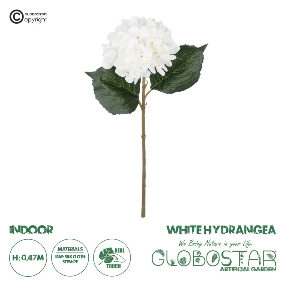 GloboStar® Artificial Garden WHITE HYDRANGEA BRANCH 21173 Τεχνητό Διακοσμητικό Κλαδί Ορτανσίας Λευκό  Y47cm