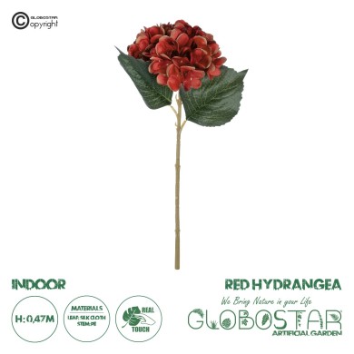 GloboStar® Artificial Garden RED HYDRANGEA BRANCH 21174 Τεχνητό Διακοσμητικό Κλαδί Ορτανσίας Κόκκινο  Y47cm