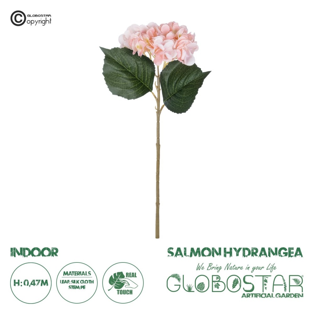 GloboStar® Artificial Garden SALMON HYDRANGEA BRANCH 21175 Τεχνητό Διακοσμητικό  Κλαδί Ορτανσίας Σαμπανιζέ  Y47cm