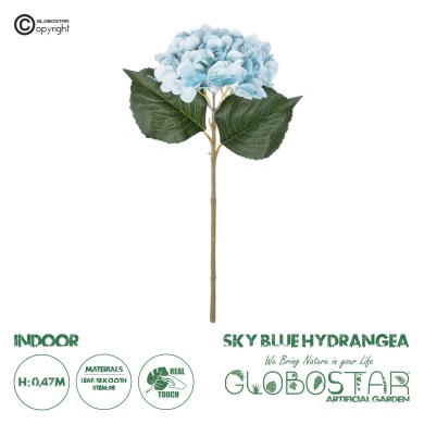 GloboStar® Artificial Garden SKY BLUE HYDRANGEA BRANCH 21177 Τεχνητό Διακοσμητικό Κλαδί Ορτανσίας Γαλάζιο  Y47cm
