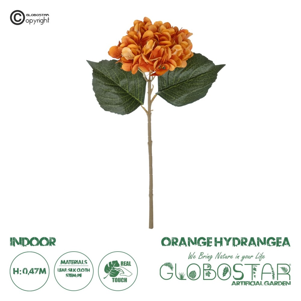 GloboStar® Artificial Garden ORANGE HYDRANGEA BRANCH 21179 Τεχνητό Διακοσμητικό Κλαδί Ορτανσίας Πορτοκαλί  Y47cm