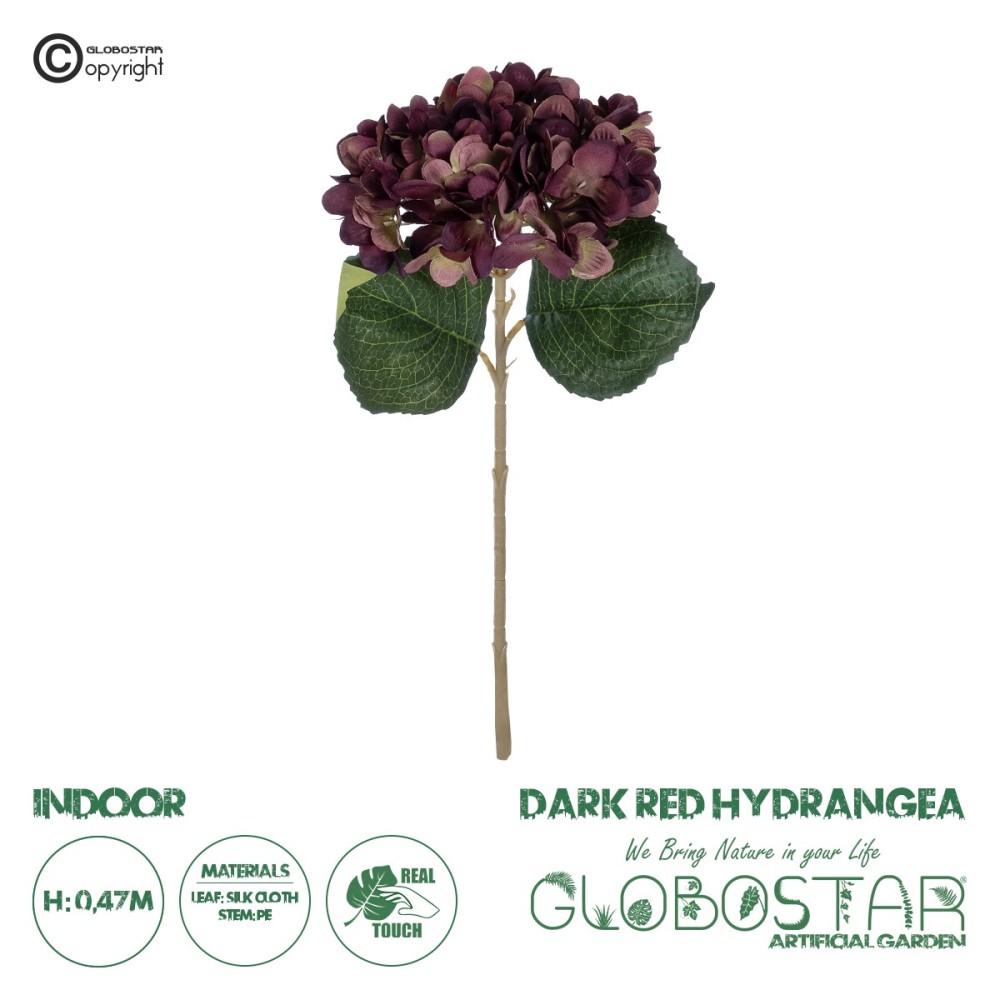 GloboStar® Artificial Garden DARK RED HYDRANGEA BRANCH 21180 Τεχνητό Διακοσμητικό Κλαδί Ορτανσίας Βαθύ Κόκκινο  Y47cm