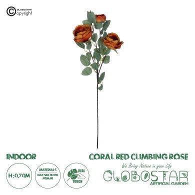 GloboStar® Artificial Garden CORAL RED CLIMBING ROSE BRANCH 21187 Τεχνητό Διακοσμητικό Κλαδί Τριαντάφυλλο Κοραλί Y70cm