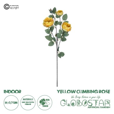 GloboStar® Artificial Garden YELLOW CLIMBING ROSE BRANCH 21186 Τεχνητό Διακοσμητικό Κλαδί Τριαντάφυλλο Κίτρινο Y70cm