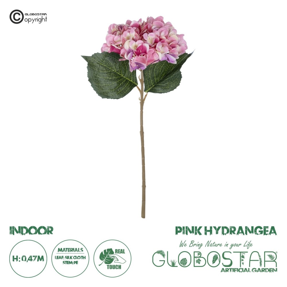 GloboStar® Artificial Garden PINK HYDRANGEA BRANCH 21140 Τεχνητό Διακοσμητικό Κλαδί έντονο Ροζ Ορτανσία Y47cm