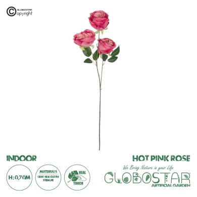 GloboStar® Artificial Garden HOT PINK ROSE BRANCH 21139 Τεχνητό Διακοσμητικό Κλαδί έντονο Ροζ Τριαντάφυλλο Y70cm