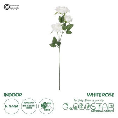 GloboStar® Artificial Garden WHITE ROSE BRANCH 21138 Τεχνητό Διακοσμητικό Κλαδί Λεύκο Τριαντάφυλλο Y66cm