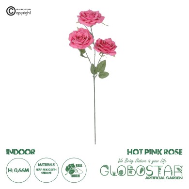 GloboStar® Artificial Garden  HOT PINK ROSE BRANCH 21135 Τεχνητό Διακοσμητικό Κλαδί Τριαντάφυλλο Έντονο Ροζ Y66cm