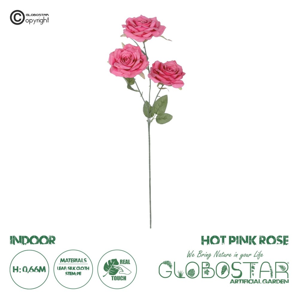 GloboStar® Artificial Garden  HOT PINK ROSE BRANCH 21135 Τεχνητό Διακοσμητικό Κλαδί Τριαντάφυλλο Έντονο Ροζ Y66cm