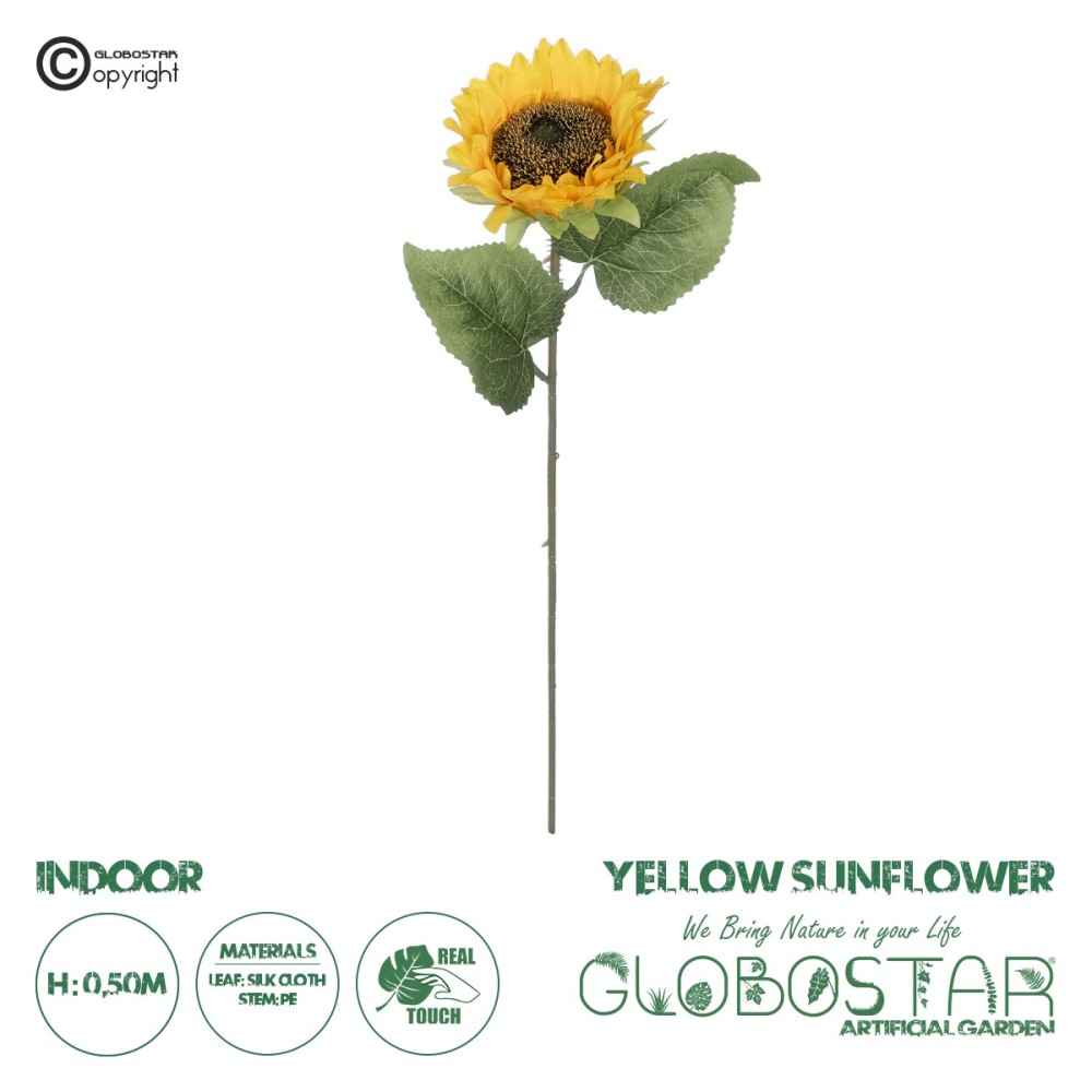 GloboStar® Artificial Garden YELLOW SUNFLOWER  BRANCH 21212 Τεχνητό Διακοσμητικό Κλαδί Ηλιοτρόπιο Κίτρινο Y50cm
