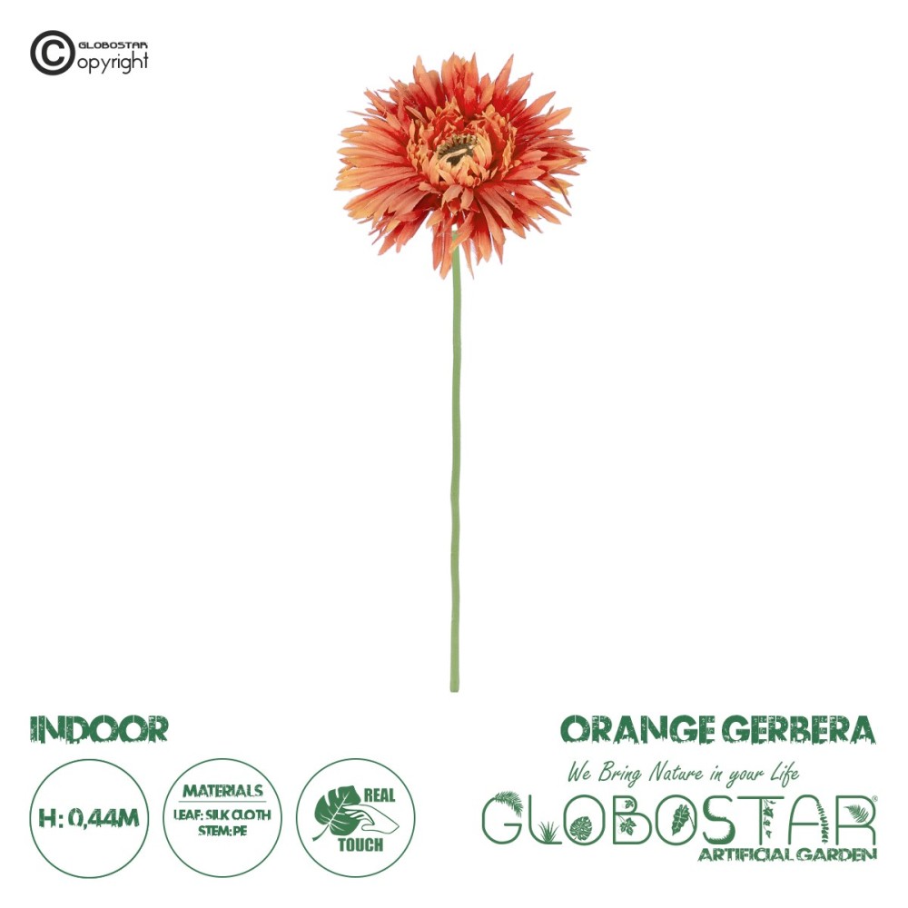 GloboStar® Artificial Garden ORANGE  ROSE BRANCH 21206 Τεχνητό Διακοσμητικό Κλαδί Ζέρμπερας Πορτοκαλί Y44cm