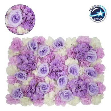 GloboStar® 78305 Συνθετικό Πάνελ Λουλουδιών - Κάθετος Κήπος Τριαντάφυλλο - Ορτανσία - Βιολέτα Μ60 x Υ40 x Π7cm