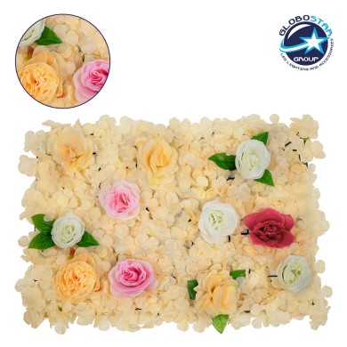 GloboStar® 78308 Συνθετικό Πάνελ Λουλουδιών - Κάθετος Κήπος Τριαντάφυλλο - Ορτανσία - Παιώνια Μ60 x Υ40 x Π7cm