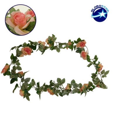 GloboStar® 09006 Τεχνητό Κρεμαστό Φυτό Διακοσμητική Γιρλάντα Μήκους 2 μέτρων με 16 X Μεγάλα Τριαντάφυλλα Ροζ Σομόν