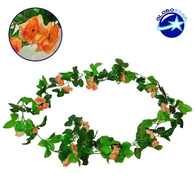 GloboStar® 09015 Τεχνητό Κρεμαστό Φυτό Διακοσμητική Γιρλάντα Μήκους 2.2 μέτρων με 33 X Μικρά Τριαντάφυλλα Σομόν