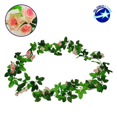 GloboStar® 09018 Τεχνητό Κρεμαστό Φυτό Διακοσμητική Γιρλάντα Μήκους 2.2 μέτρων με 33 X Μικρά Τριαντάφυλλα Ροζ Λευκά