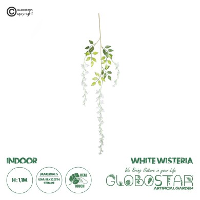 GloboStar® 09032 Τεχνητό Κρεμαστό Διακοσμητικό Φυτό Μήκους 1.1 μέτρων με 3 X Κλαδιά Βιστέρια Λευκή