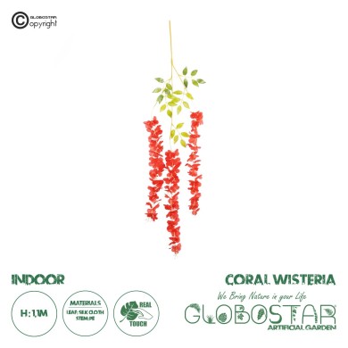 GloboStar® 09033 Τεχνητό Κρεμαστό Διακοσμητικό Φυτό Μήκους 1.1 μέτρων με 3 X Κλαδιά Βιστέρια Κοραλί