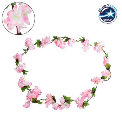 GloboStar® 78100 Τεχνητό Κρεμαστό Φυτό Διακοσμητική Γιρλάντα Λουλουδιών με 18 Ροζ Λευκά Άνθη Κερασιάς & Πράσινο Φύλλωμα M20 x Υ220 x Π20cm