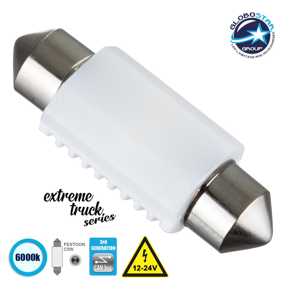 GloboStar® C5W 81333 Λάμπα Αυτοκινήτου & Φορτηγού 36mm FESTOON  3rd Generation Can-Bus Extreme Truck Series LED 2 SMD 3030 3W 450lm 120° DC 12-24V IP20 Ψυχρό Λευκό 6000K