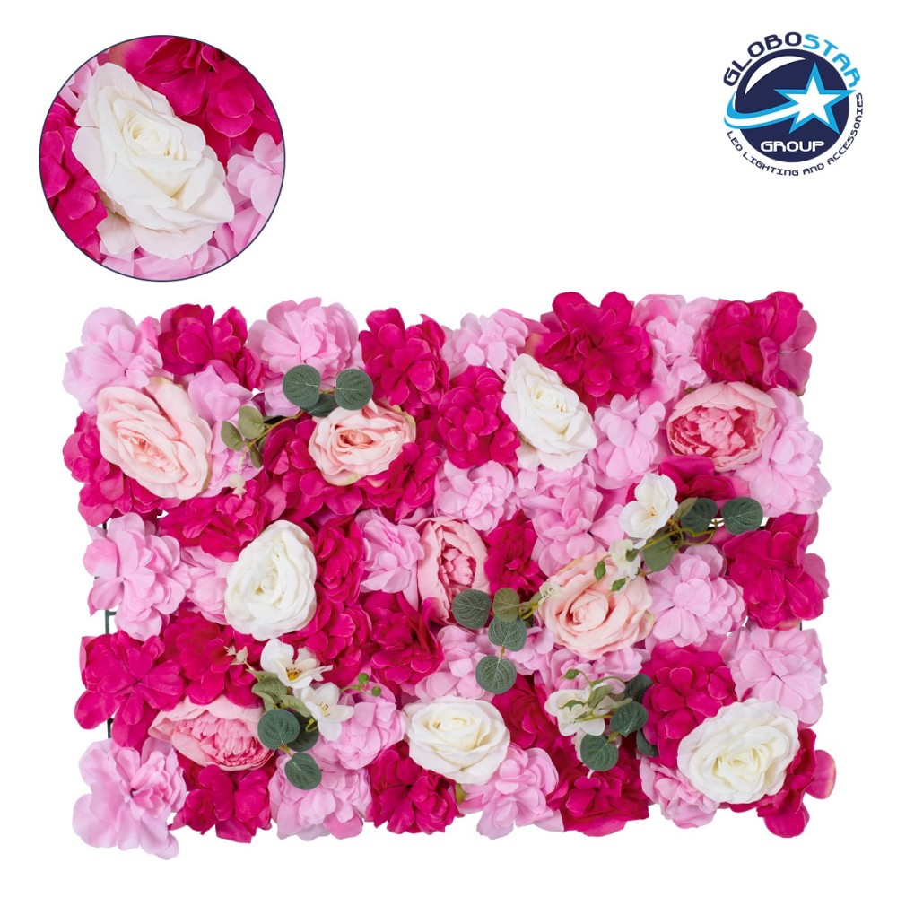 GloboStar® Artificial Garden ROSALIE 78335 Τεχνητό Διακοσμητικό Πάνελ Λουλουδιών - Κάθετος Κήπος σύνθεση Ροζαλί Μ60 x Π40 x Υ6cm