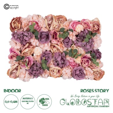 GloboStar® Artificial Garden ROSES STORY PINK 78337 Τεχνητό Διακοσμητικό Πάνελ Λουλουδιών - Κάθετος Κήπος σύνθεση Αμβροσία Μ60 x Π40 x Υ6cm