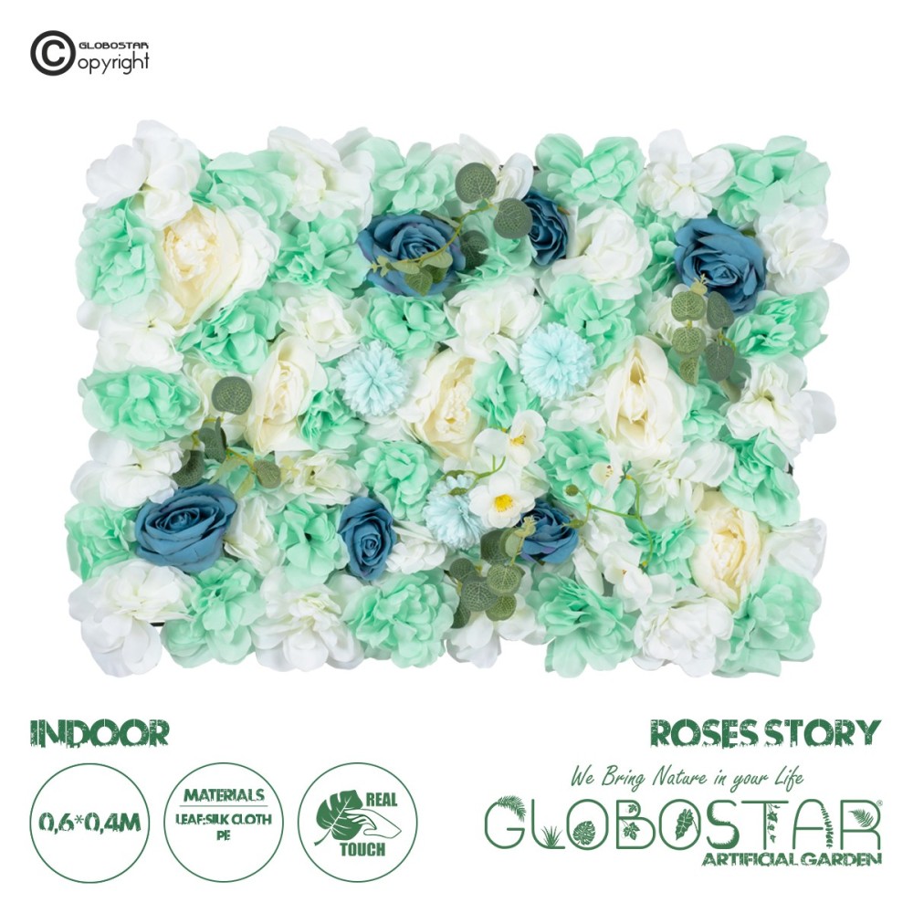 GloboStar® Artificial Garden ROSES STORY BLUE 78334 Τεχνητό Διακοσμητικό Πάνελ Λουλουδιών - Κάθετος Κήπος σύνθεση Αμβροσία Μ60 x Π40 x Υ6cm